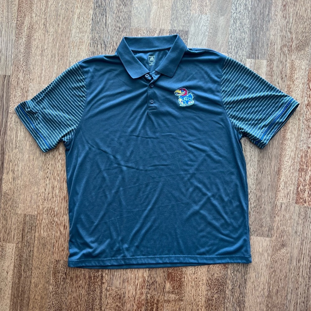 KU Jayhawk  Blue Polo with Striped Sleeves